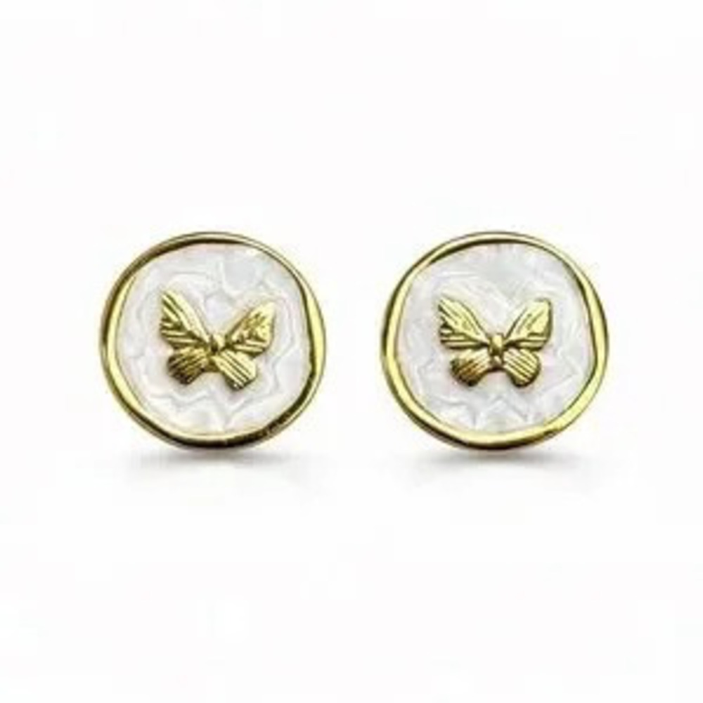 Gold and White Enamel Butterfly Earrings